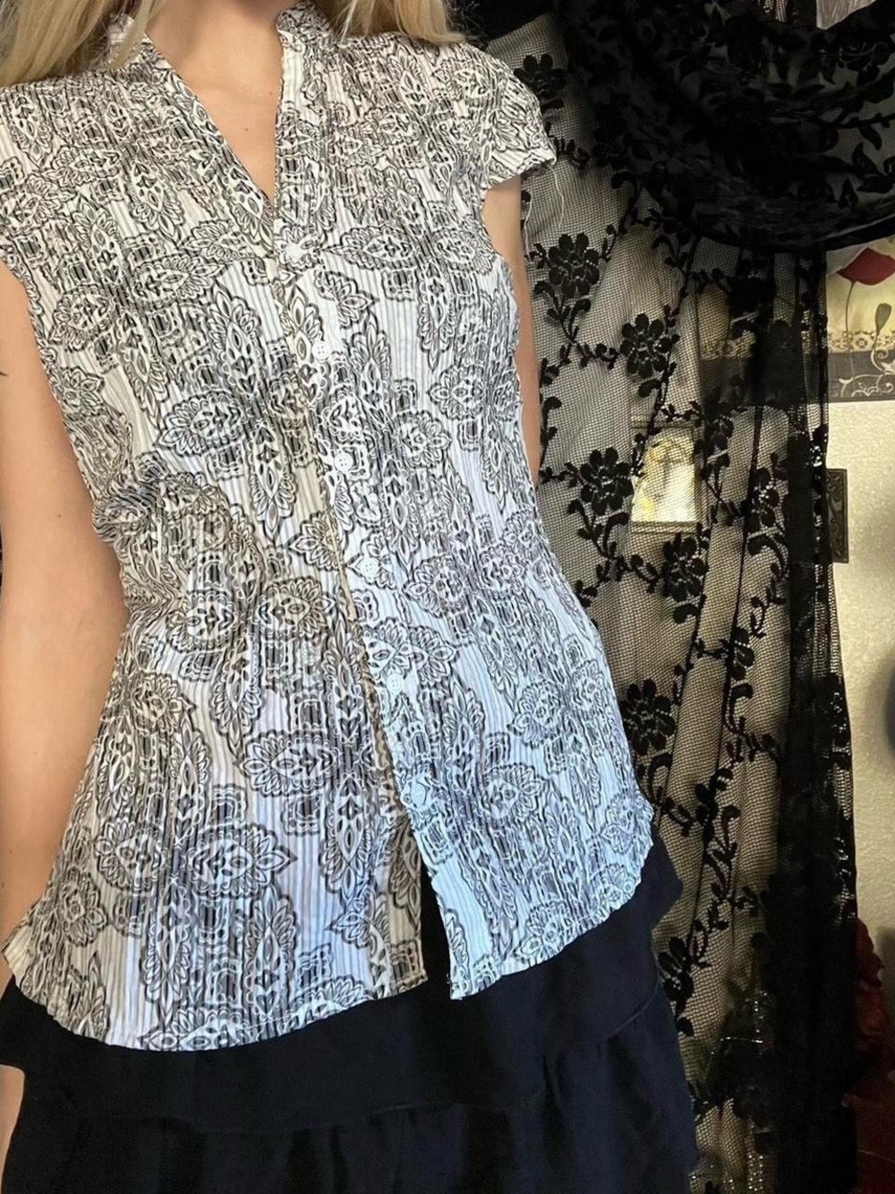 Apt. 9 Black & White Cap-Sleeve Pleated Print Blouse